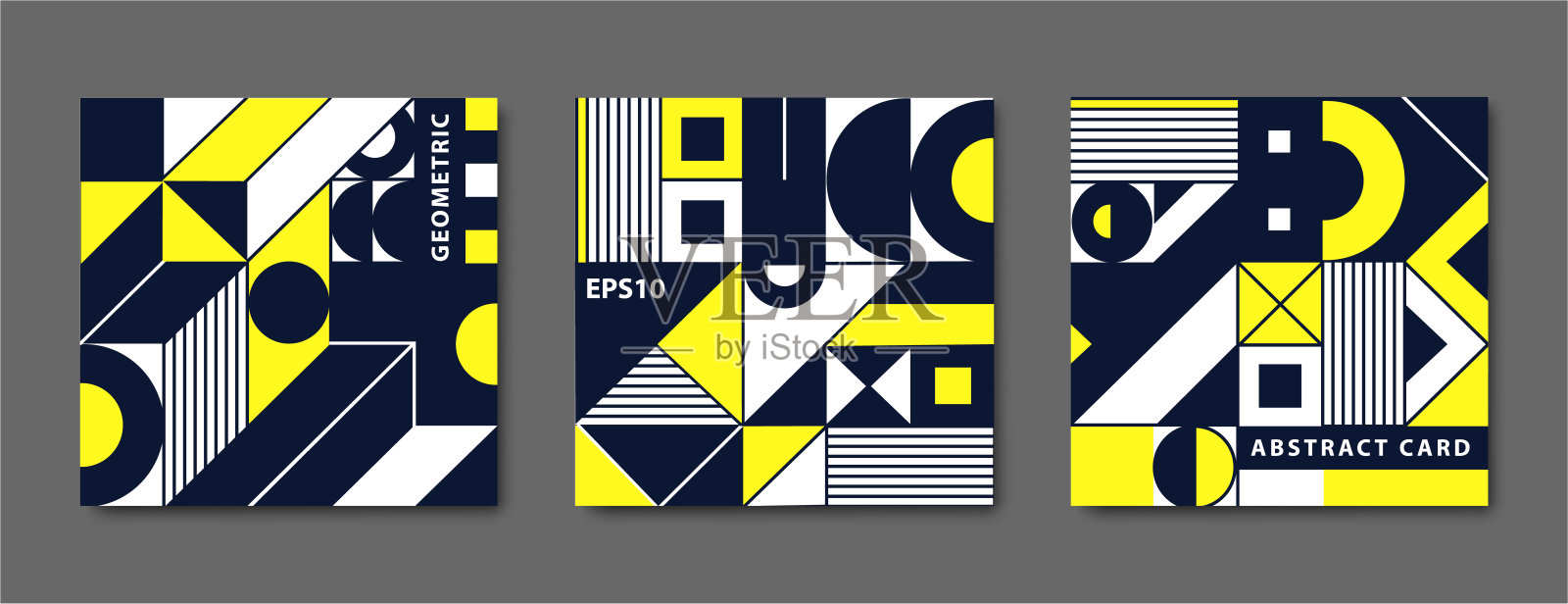 矢量集复古瑞士图形,几何包豪斯形状,卡片。极简现代主义风格的海报。黑色,黄色图册,方形横幅插画图片素材