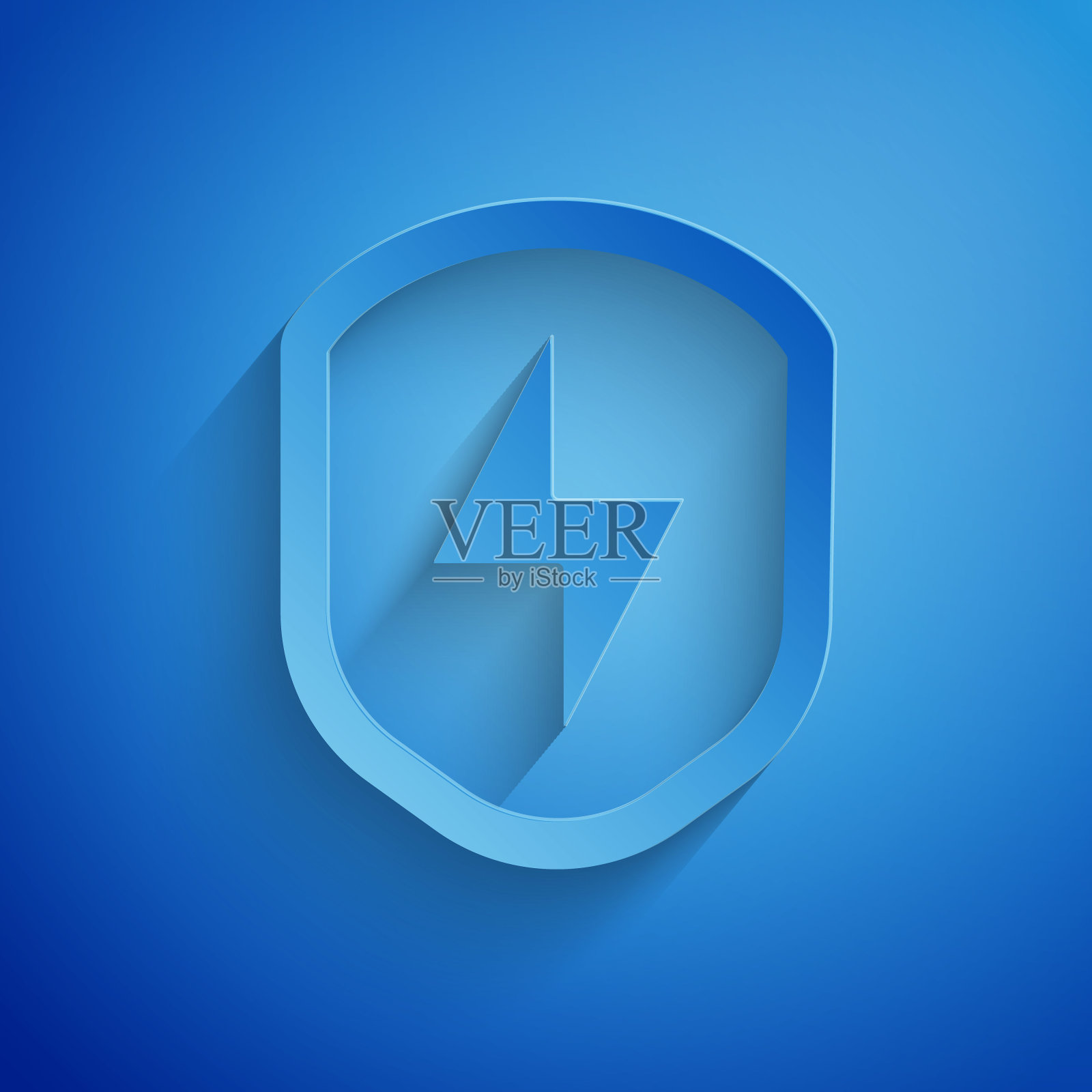 剪纸安全屏蔽与闪电图标隔离在蓝色背景。安全、安全、保护、隐私的理念。纸艺术风格。向量插画图片素材