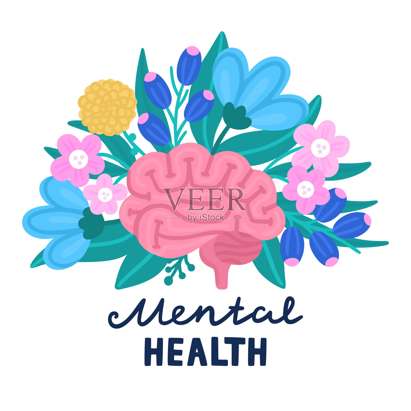 向量健康的大脑上的花。药品标签插图、广告海报或横幅插画图片素材