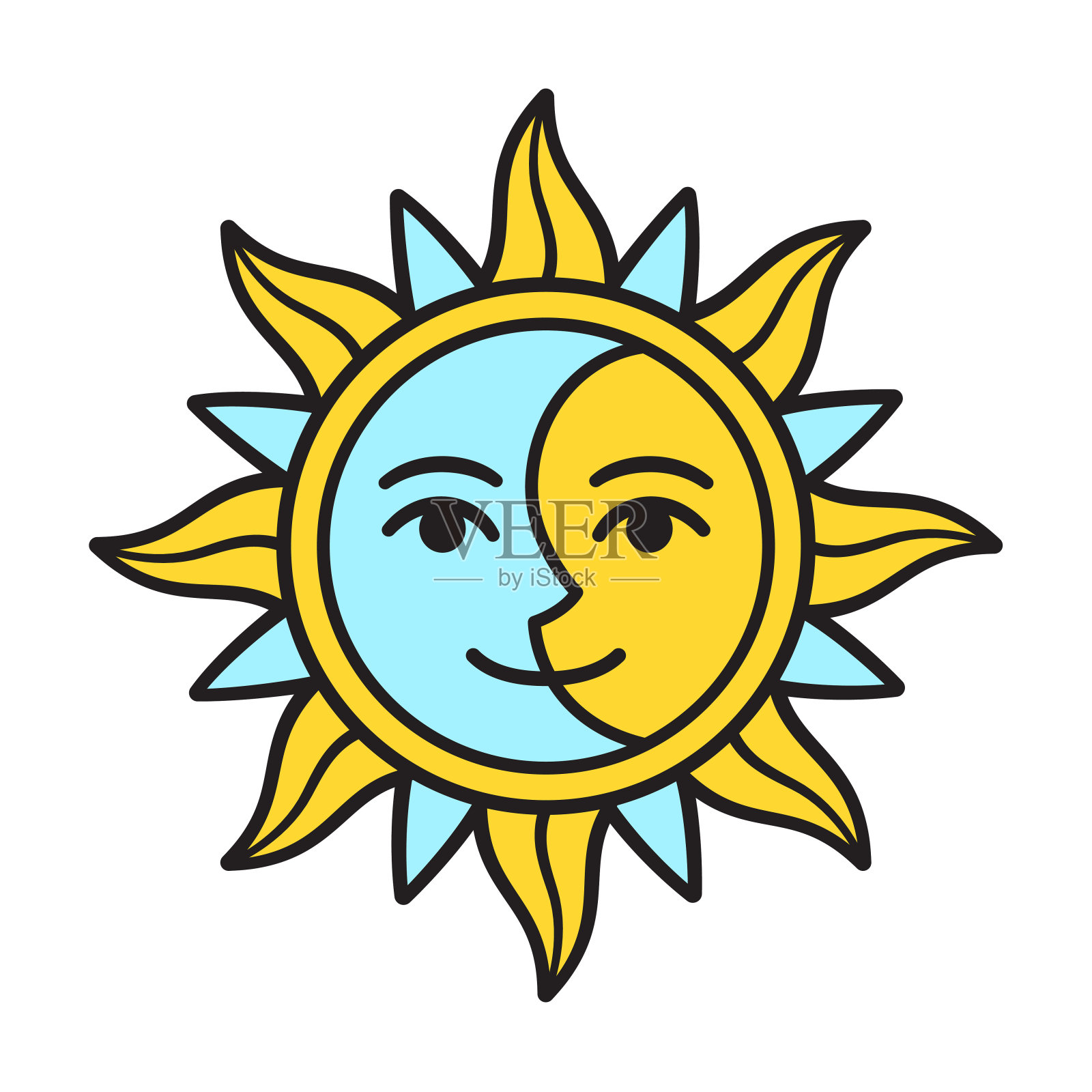 程式化的半太阳和月亮脸插画图片素材