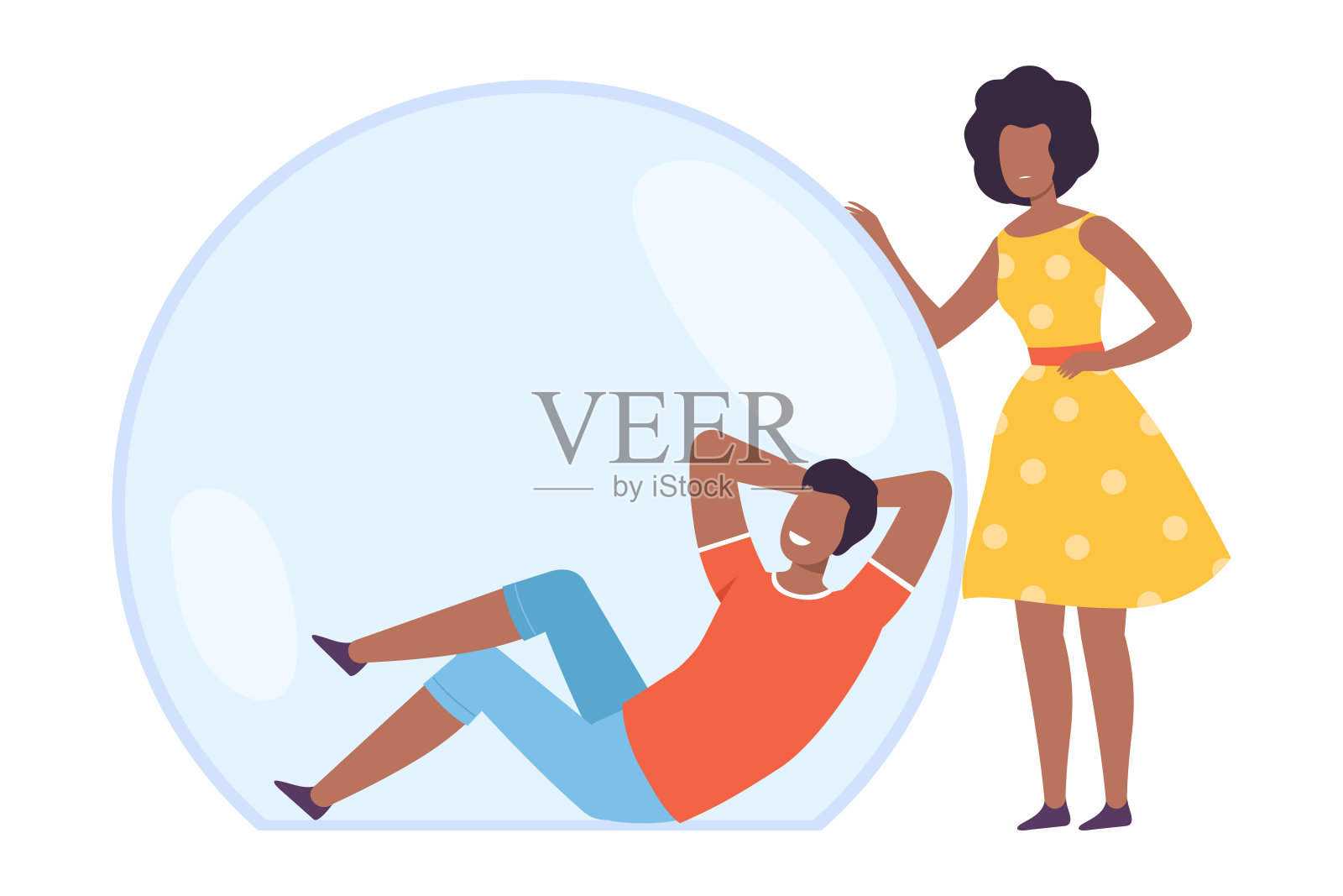 男人放松在透明的保护泡泡,年轻的女人试图接近他,从社会分离概念平面风格矢量插图插画图片素材