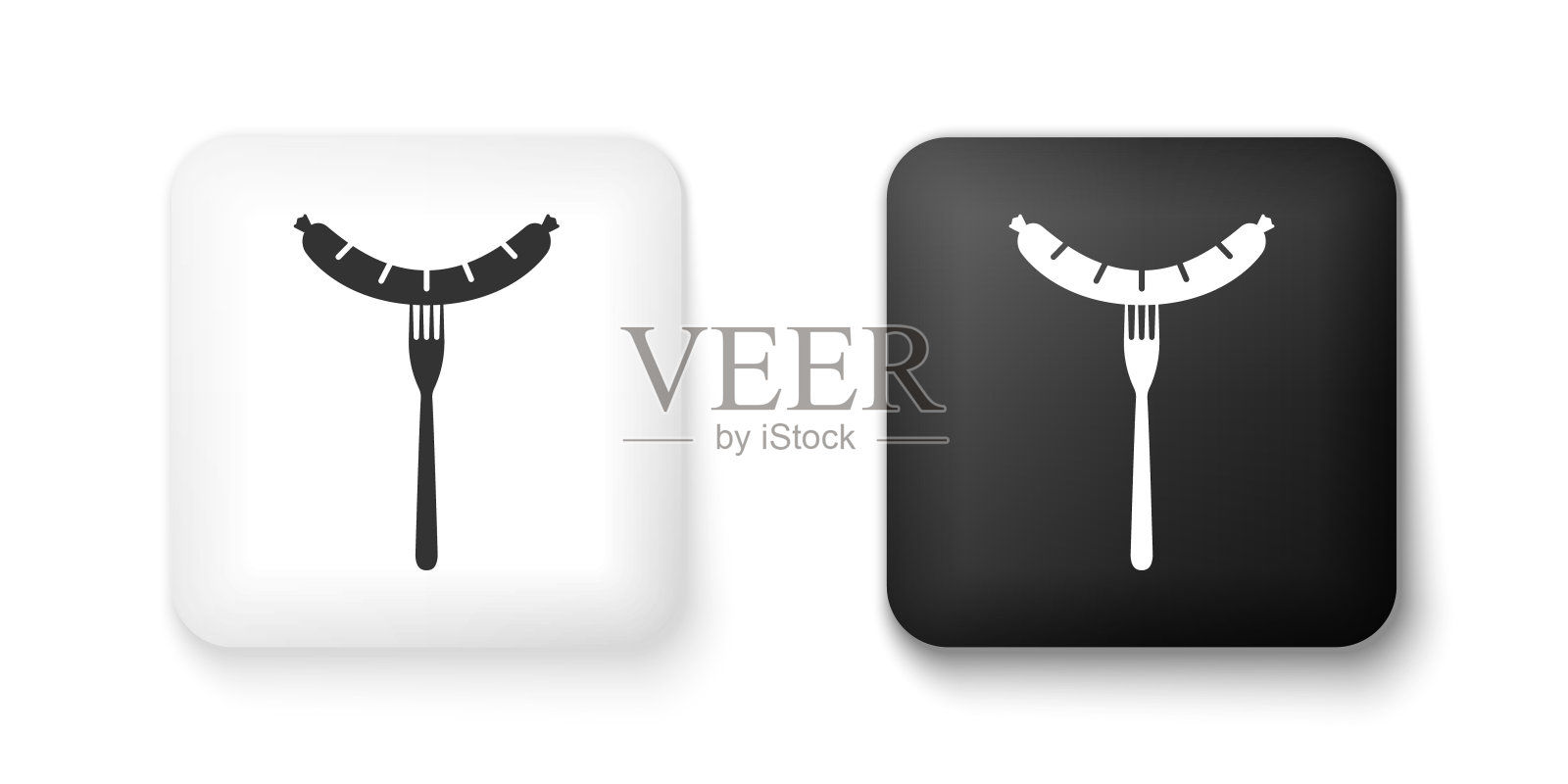 黑色和白色香肠叉与蒸汽图标隔离在白色背景。烤香肠和香气的标志。方形按钮。向量图标素材