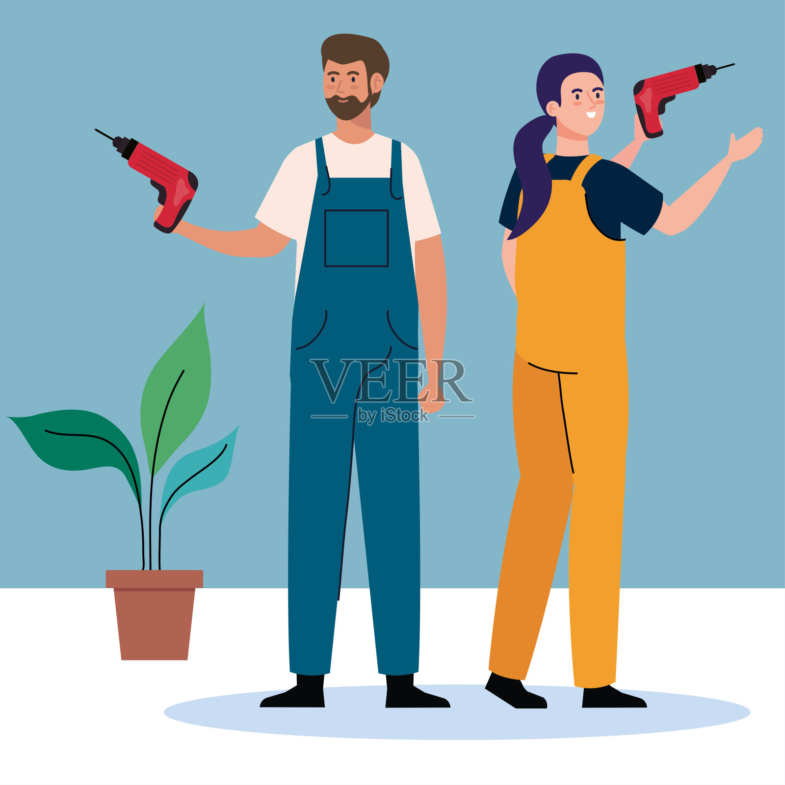 女人和男人的建筑钻机矢量设计插画图片素材