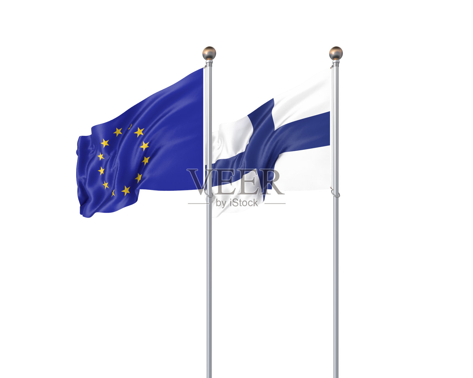 两个现实的旗帜。3D插图上的白色背景。欧盟对芬兰。欧盟和芬兰的厚厚的彩色丝绸旗帜。照片摄影图片