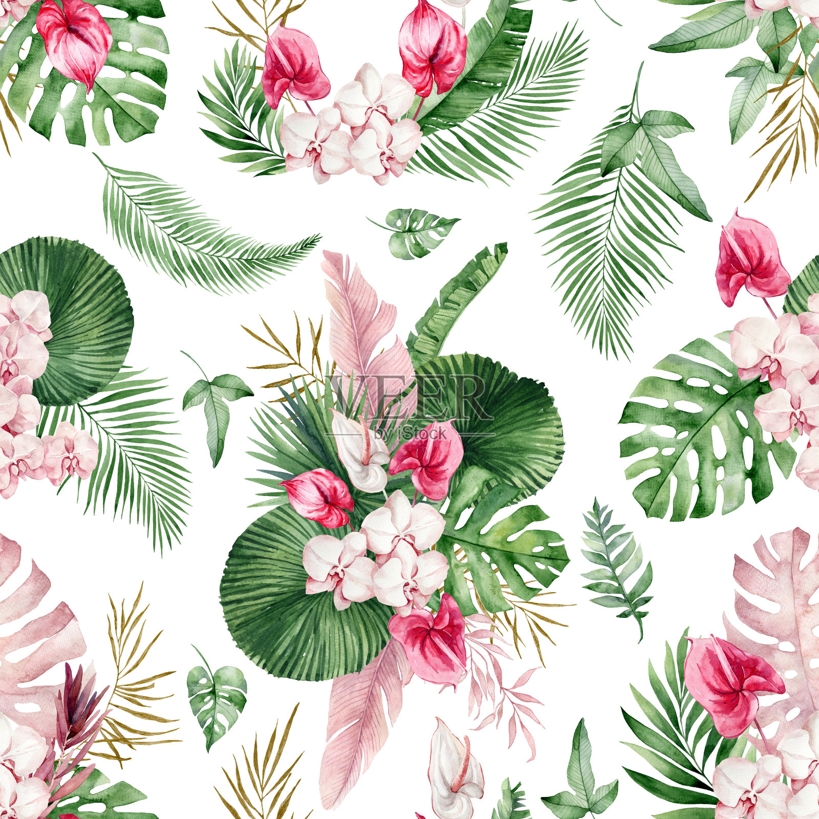 水彩无缝模式与热带树叶和粉红色的花。插画图片素材