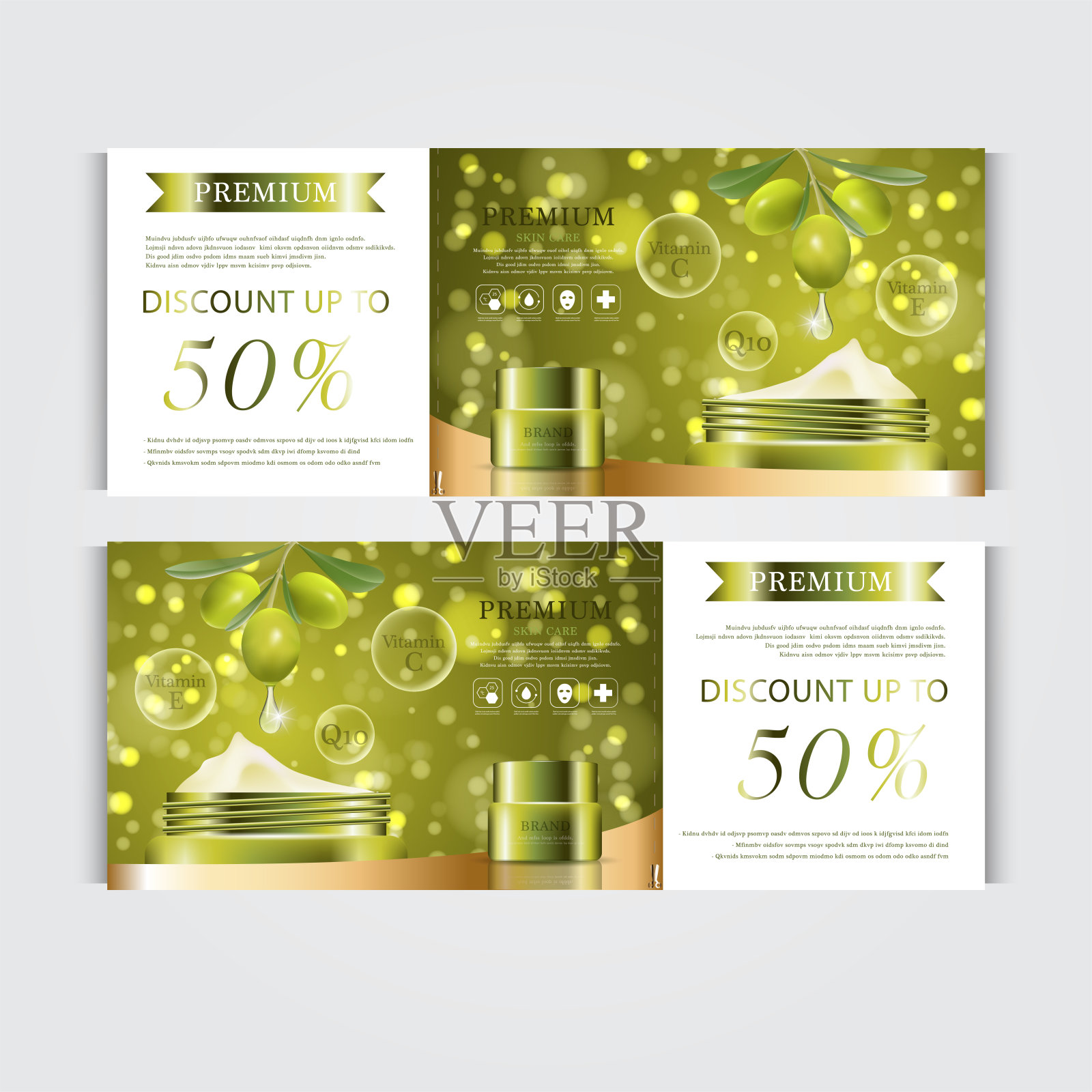 补水面霜年展或节日促销礼券。银和金膏面膜瓶隔离在亮片颗粒背景上。横幅优雅的化妆品广告,插图。插画图片素材