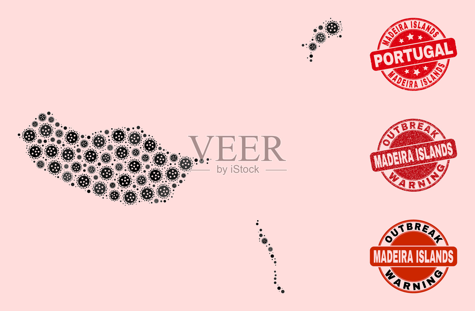 病毒拼贴马赛克马德拉群岛地图和插画图片素材