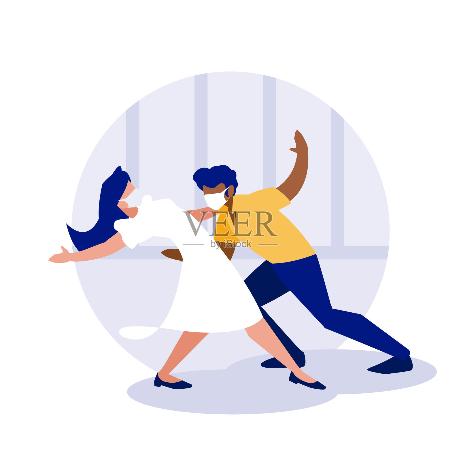 女人和男人戴着面具在家跳舞设计元素图片