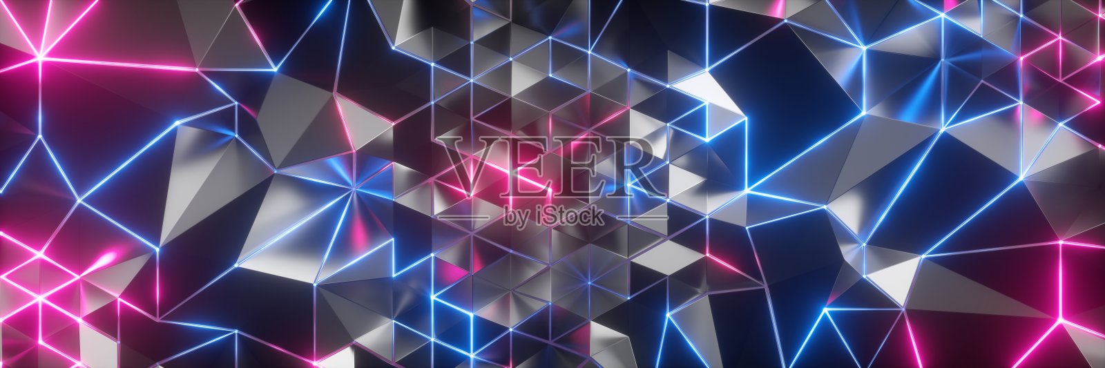 3d渲染,抽象的未来几何背景,结晶金属结构与发光的粉蓝色霓虹灯。水平全景照片摄影图片