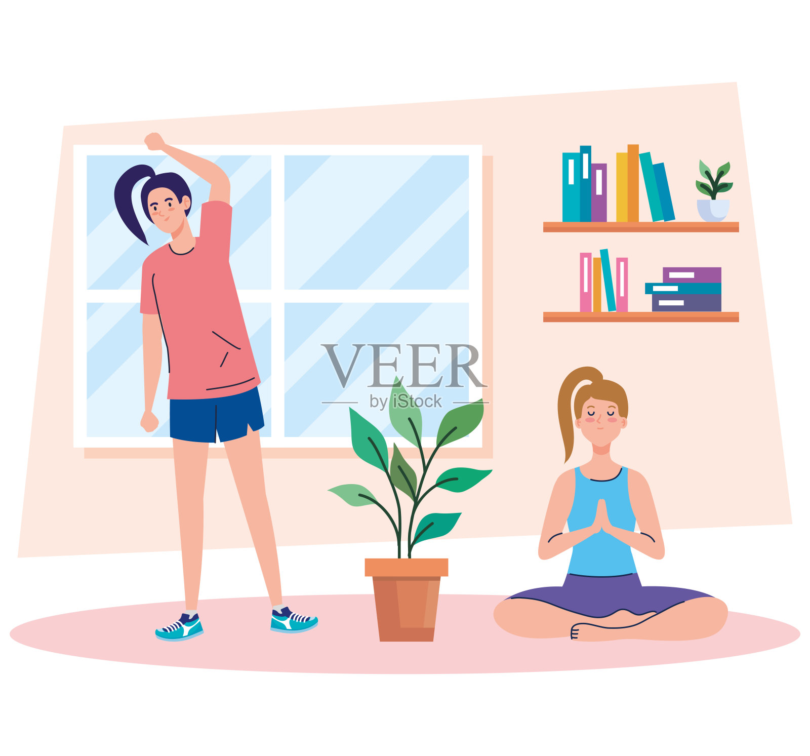 妇女伸展和做瑜伽在家里矢量设计插画图片素材