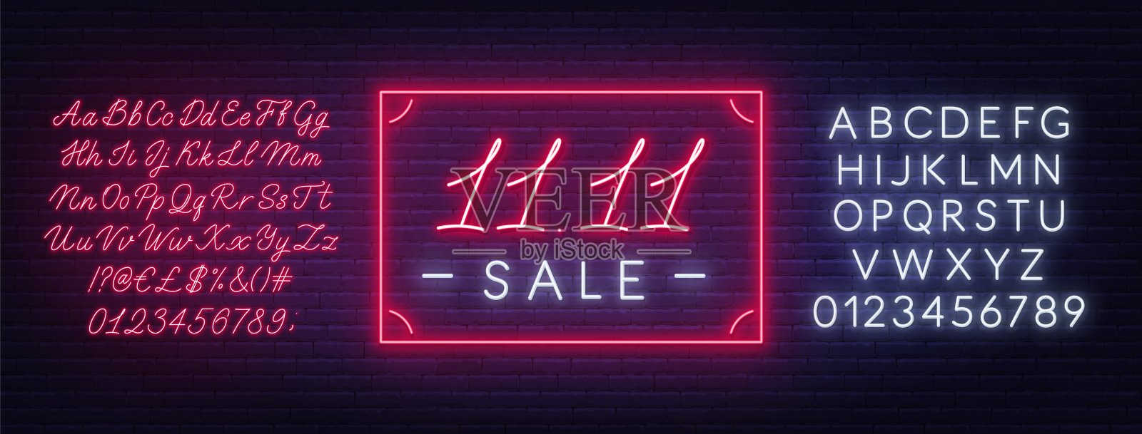 11.11光棍节促销霓虹招牌的黑色背景。插画图片素材