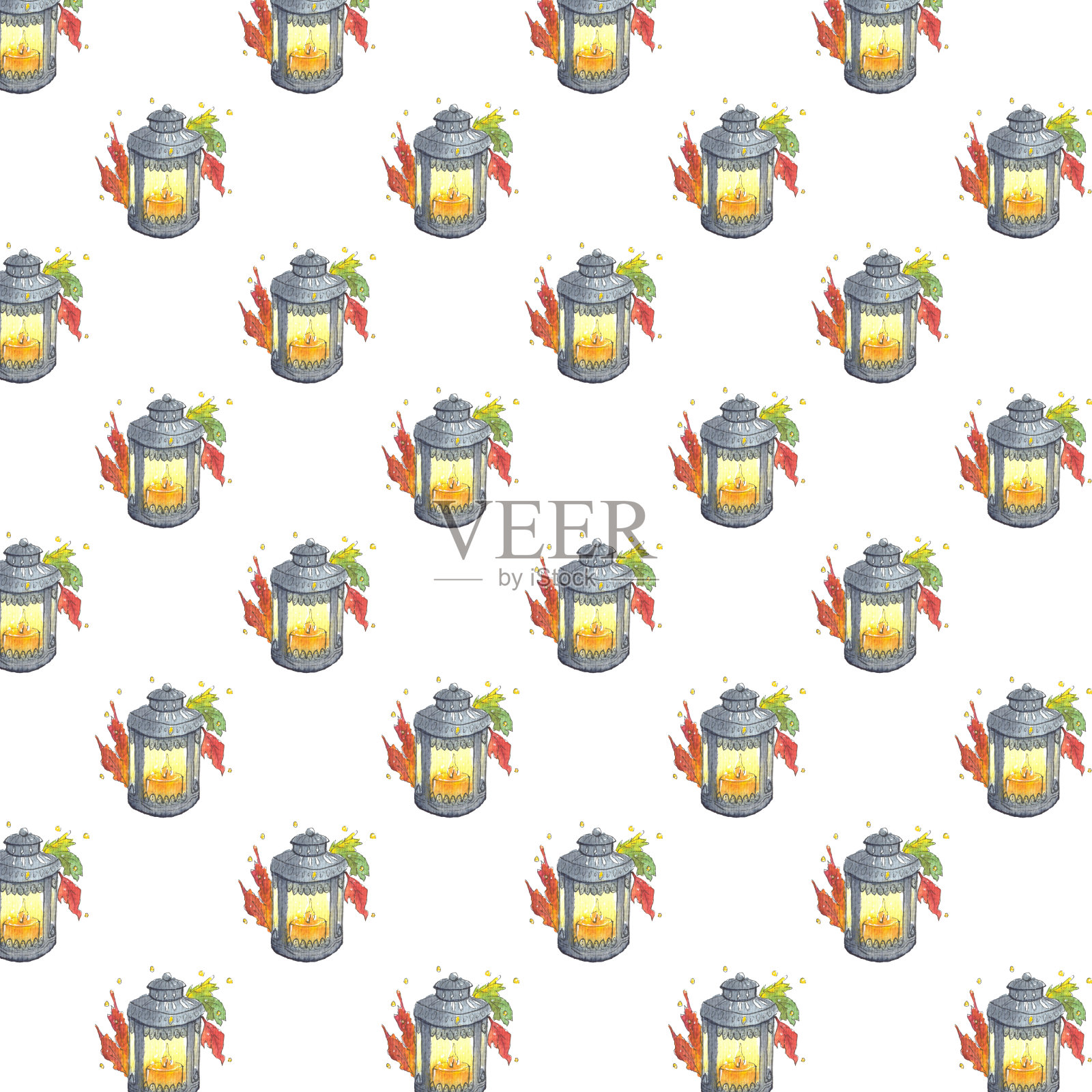 手绘水彩图案与一个秋天的灯笼在一个白色的背景插画图片素材