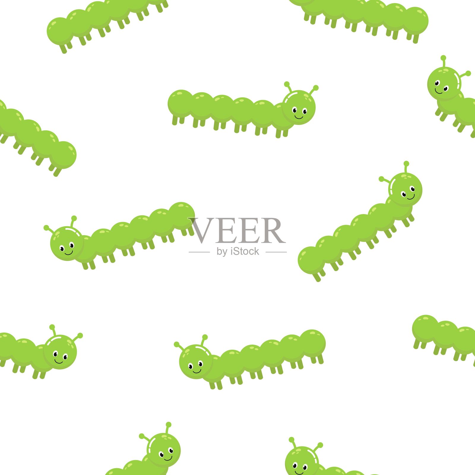 有趣的蠕虫。向量无缝模式。幼稚的夏日色彩背景,简单的卡通风格。可爱的婴儿插图漫画绿色毛毛虫在白色的背景。插画图片素材