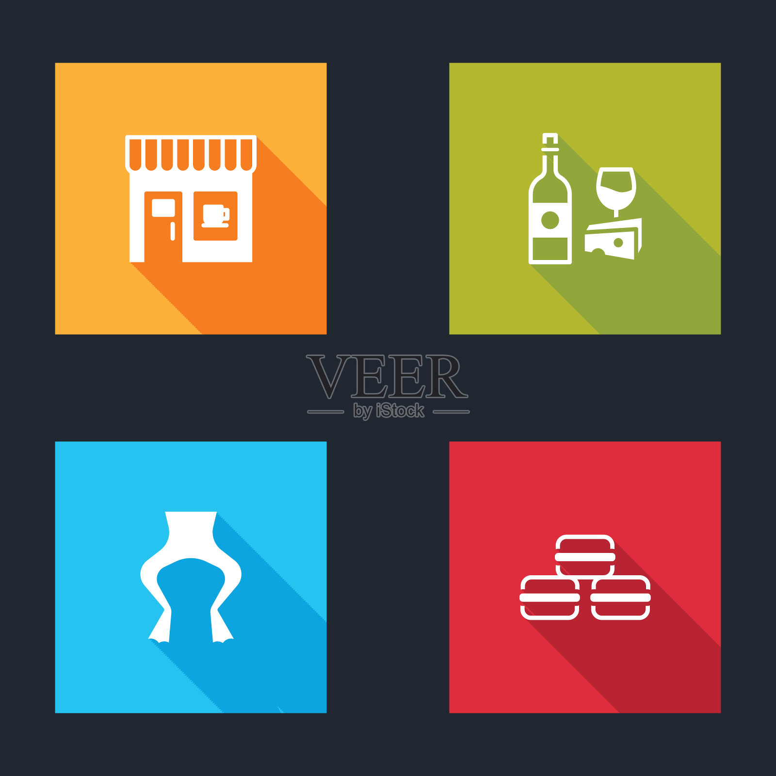 设置咖啡店,红酒与奶酪,青蛙腿和马卡龙饼干图标。向量图标素材