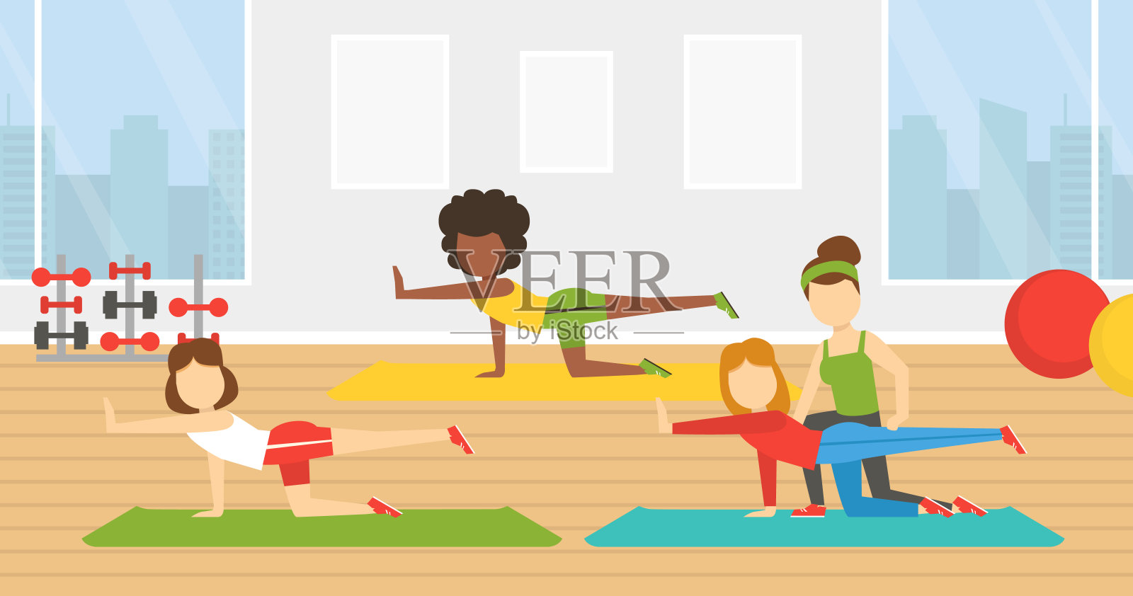 一组在健身房健身的年轻女性,积极健康的生活方式,室内运动概念矢量插图插画图片素材