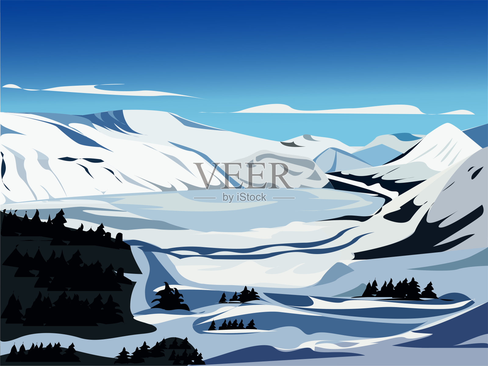 冬天在山上的湖插画图片素材