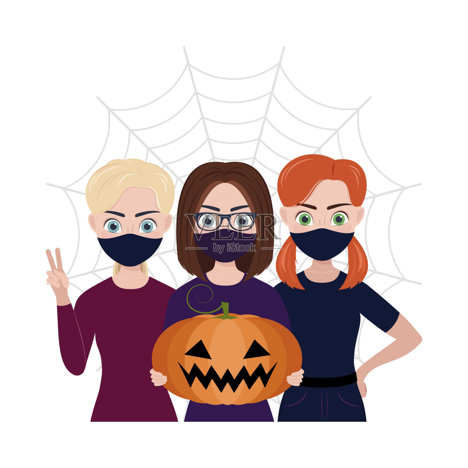 女孩们戴着医用面具,举着万圣节南瓜灯向量插画图片素材