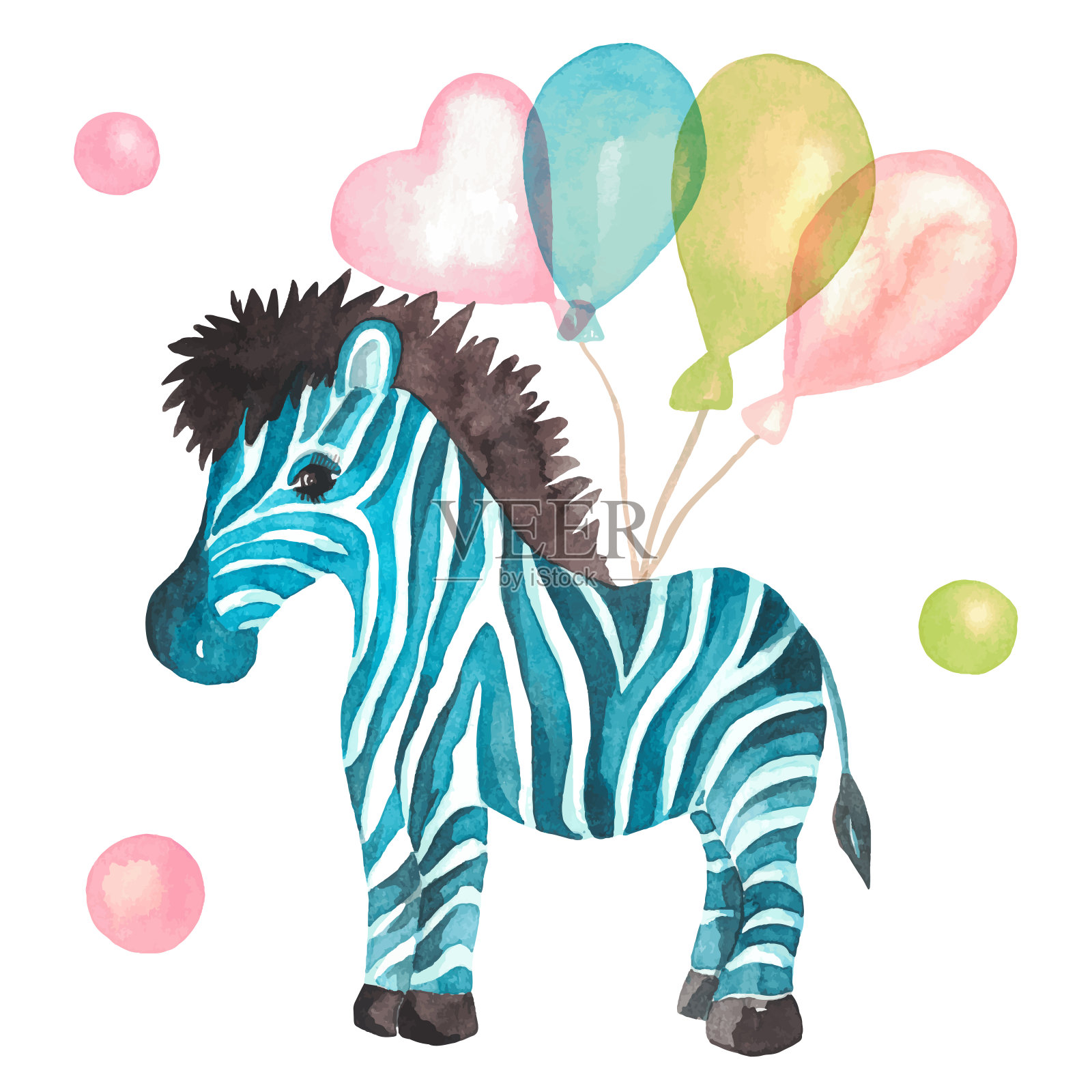 斑马的淡蓝色和气球。儿童设计的生日派对矢量插画图片素材