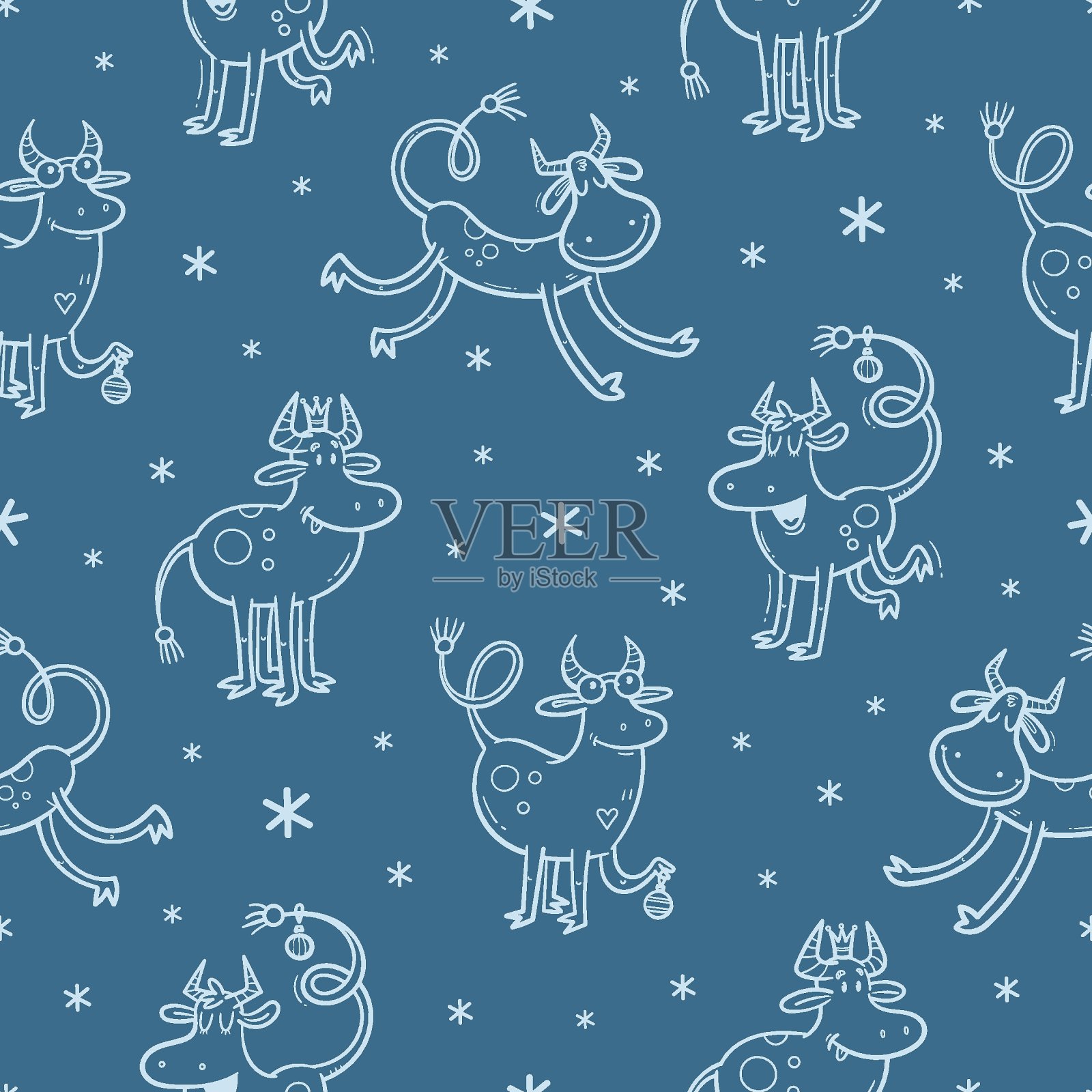 圣诞节无缝图案与可爱的卡通公牛在蓝色的背景。搞笑牛,中国新年的象征。涂鸦矢量轮廓动物。插画图片素材