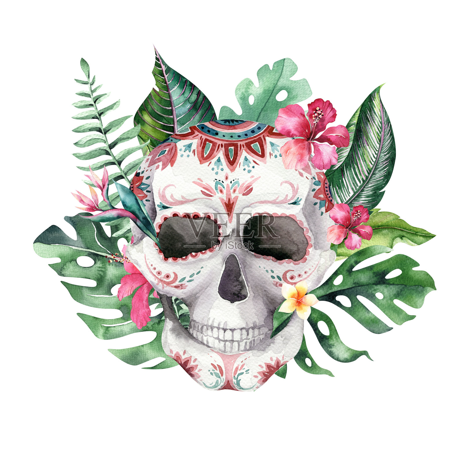 人类水彩头骨,热带花束。墨西哥死人日。热带头复古万圣节插图。复古纹身死亡设计复古绘图插画图片素材