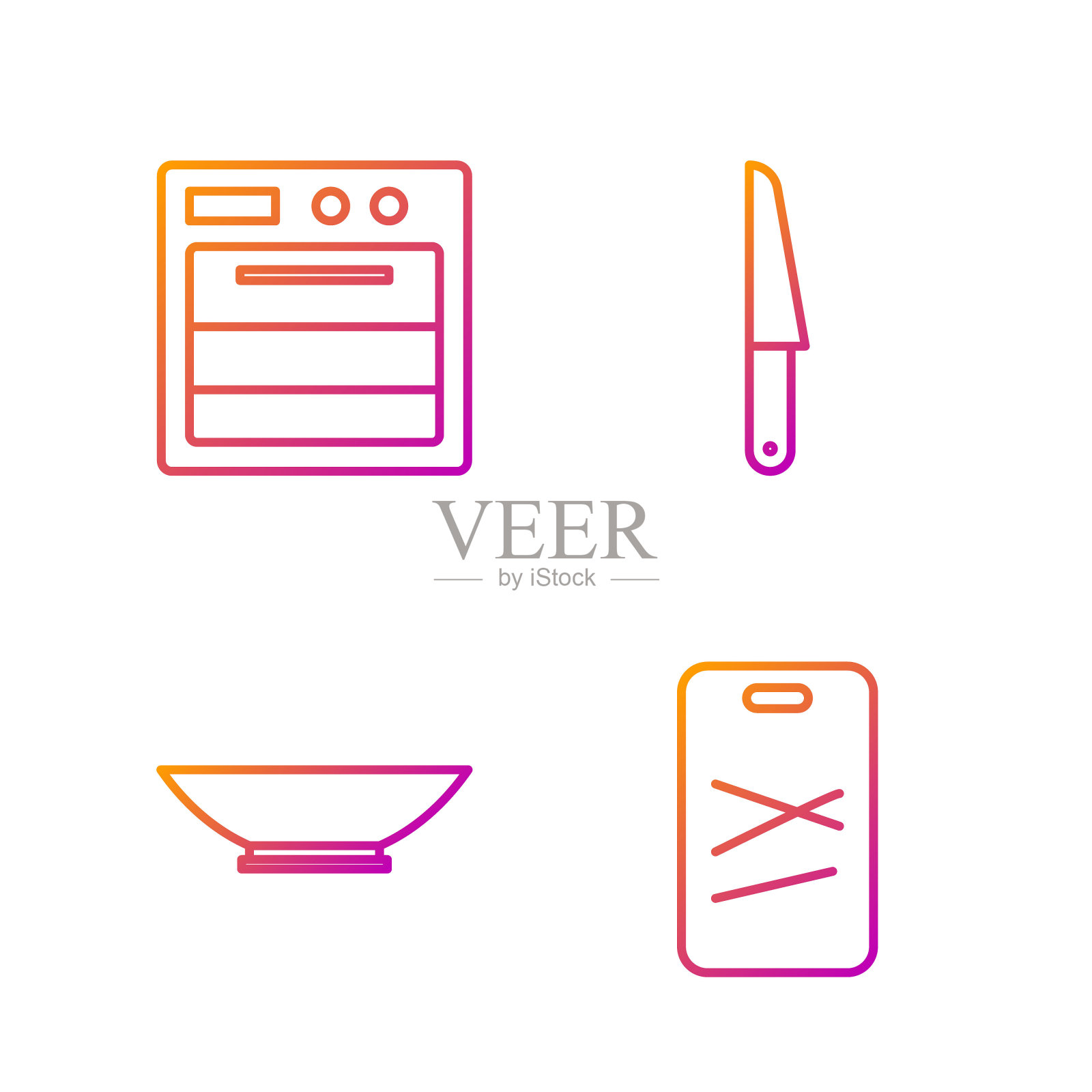 设置线切割板,碗,烤箱和刀。渐变颜色图标。向量图标素材