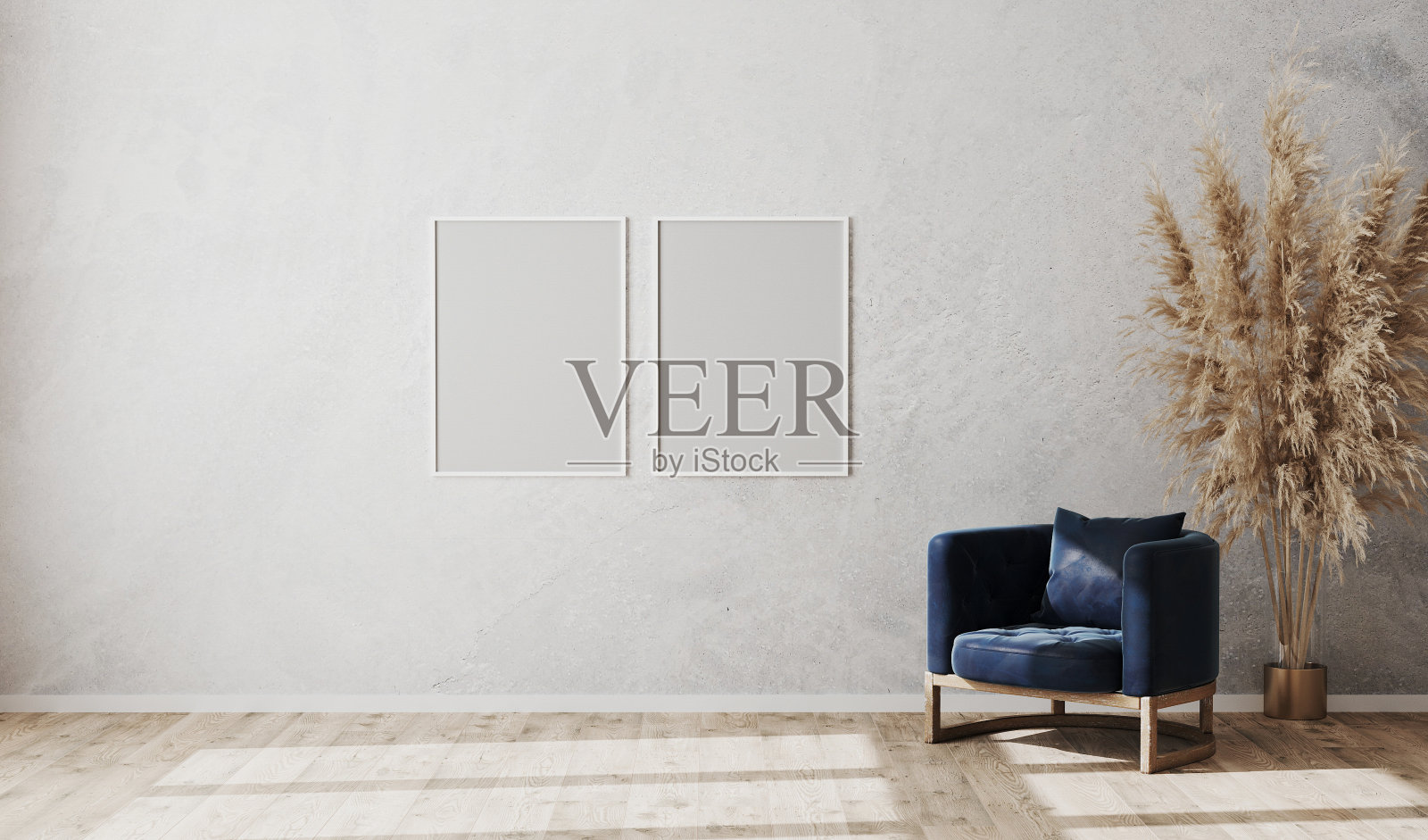 在现代客厅的灰色墙壁上,黑色的扶手椅和木地板,北欧风格,豪华,3d渲染的空白白色海报框架照片摄影图片