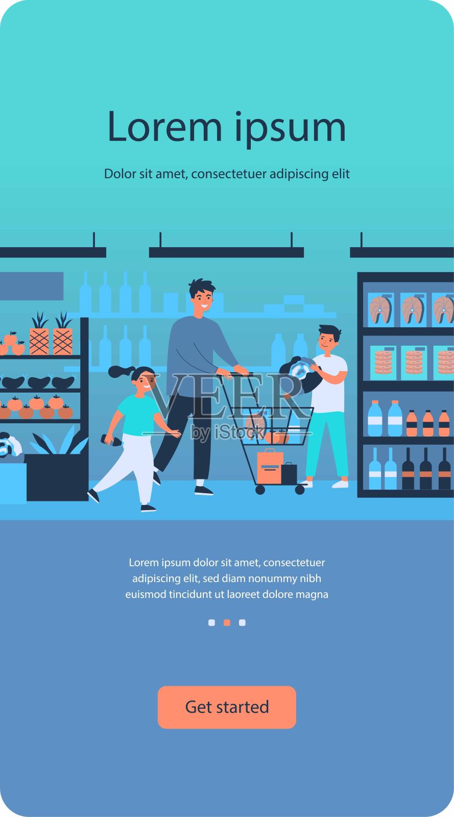 积极的父亲和孩子们在杂货店买食物设计模板素材