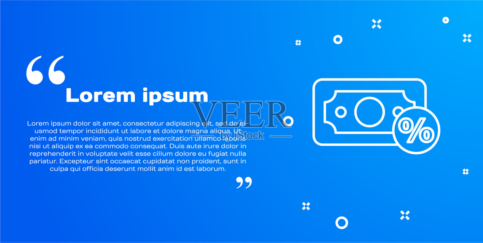 白色线金钱百分比图标孤立在蓝色插画图片素材