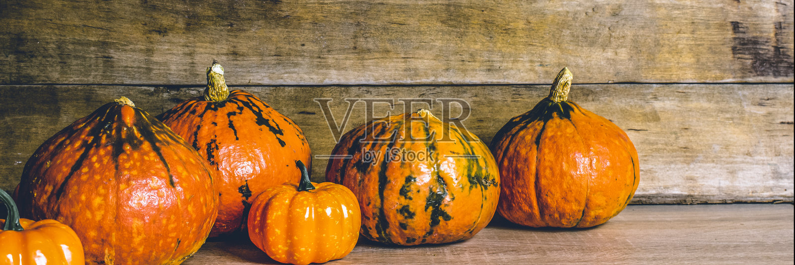 木制背景上的南瓜。秋天的概念,收获,万圣节前夜。横幅照片摄影图片