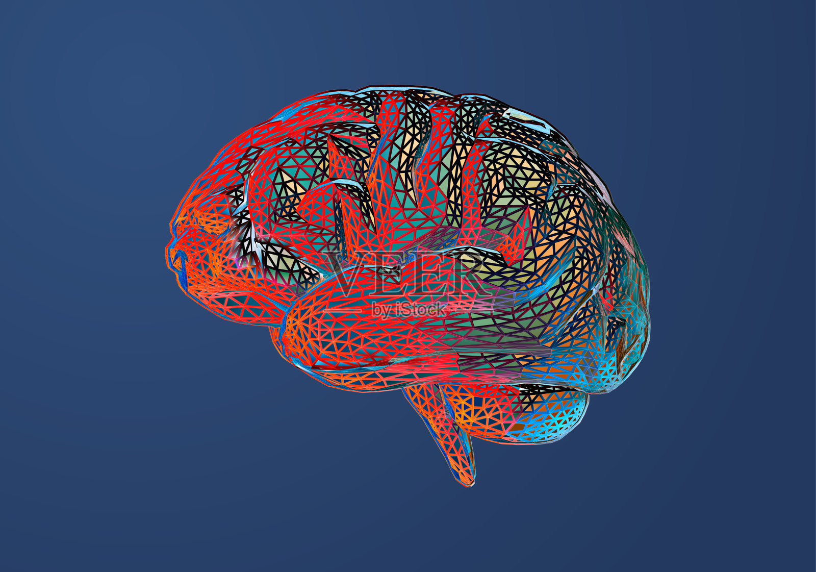 在蓝色BG上抽象彩色多边形3d人脑插图插画图片素材