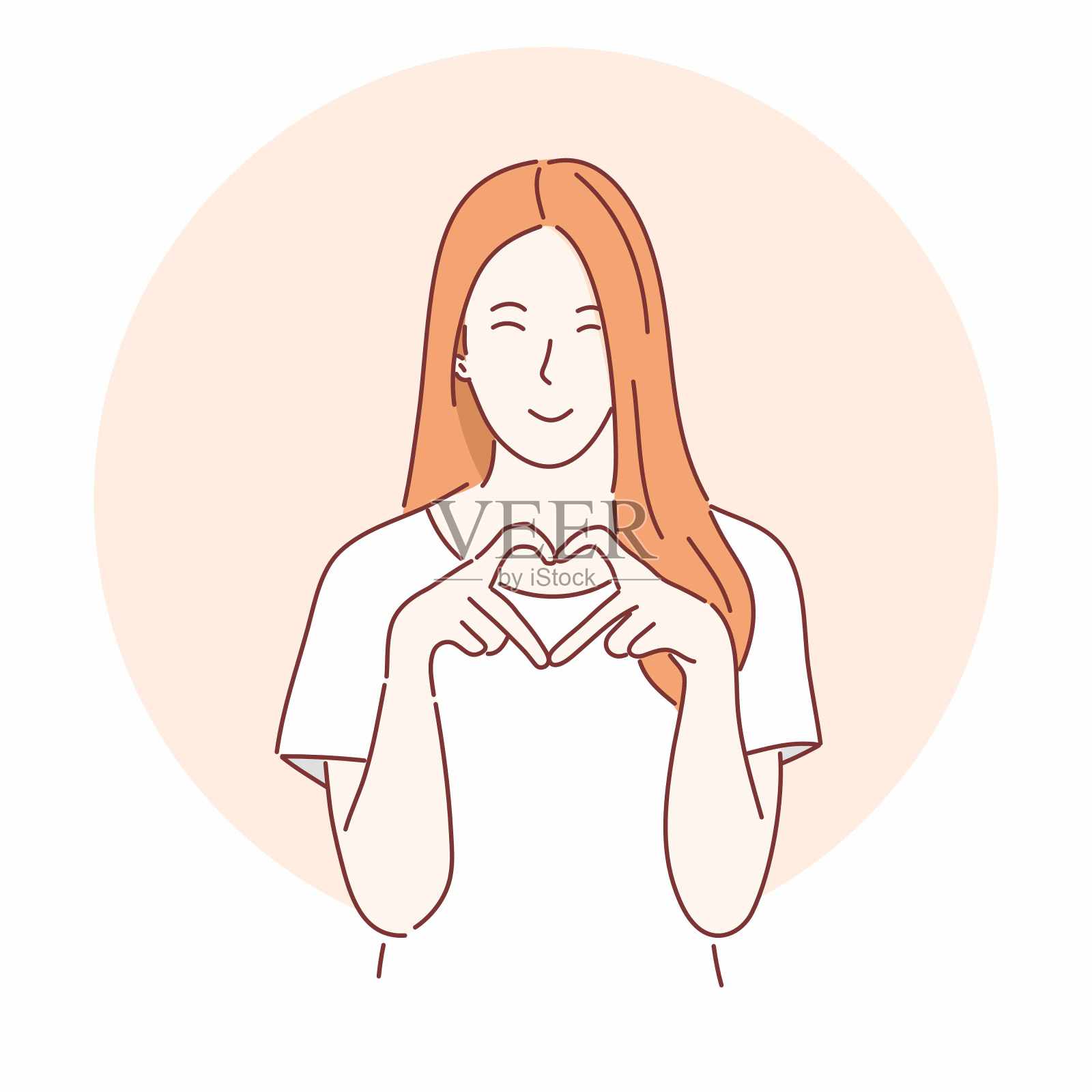 漂亮女人用手指比划心。手绘的平面字符向量。插画图片素材