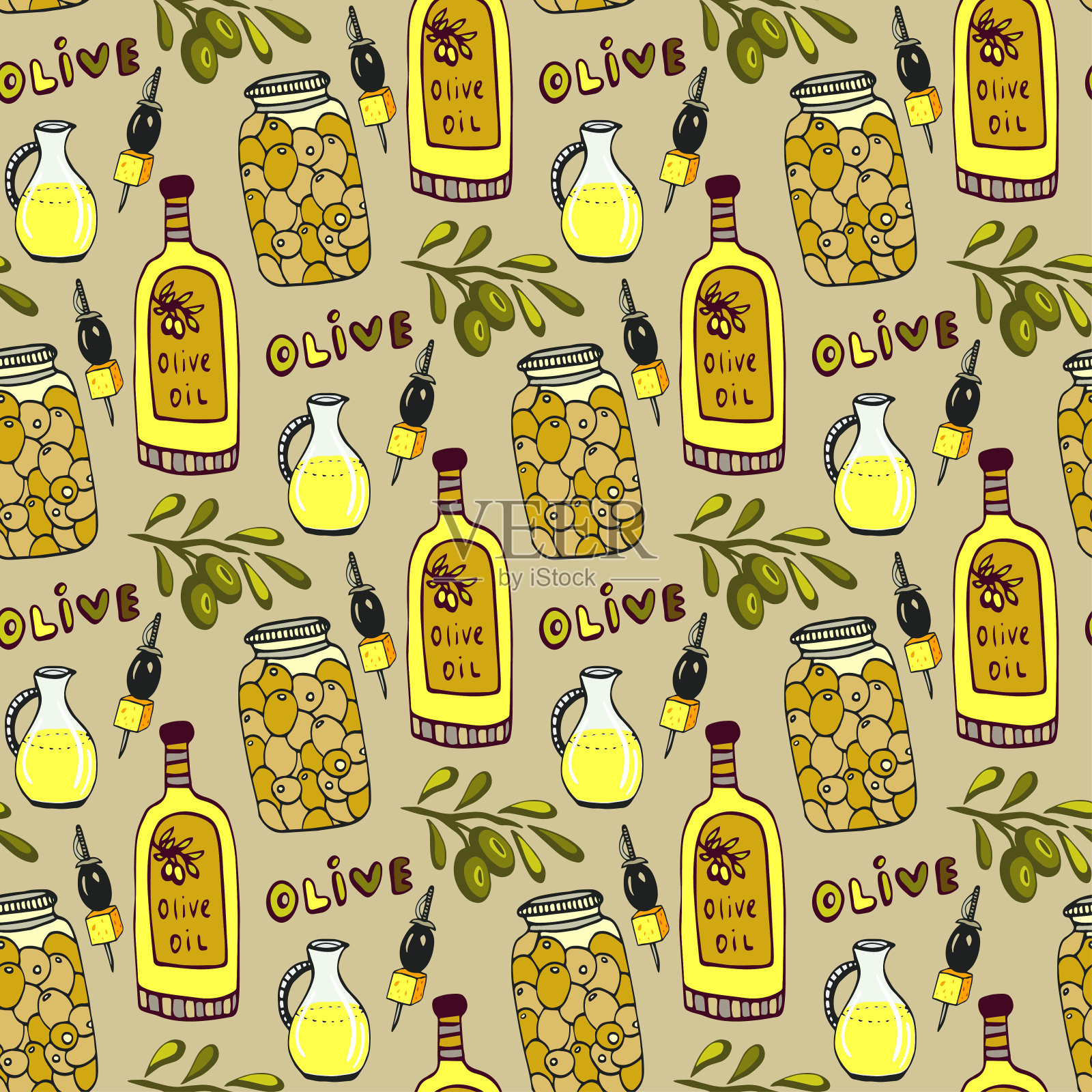 明亮的橄榄无缝模式。橄榄枝,油瓶和罐子。向量涂鸦背景。插画图片素材