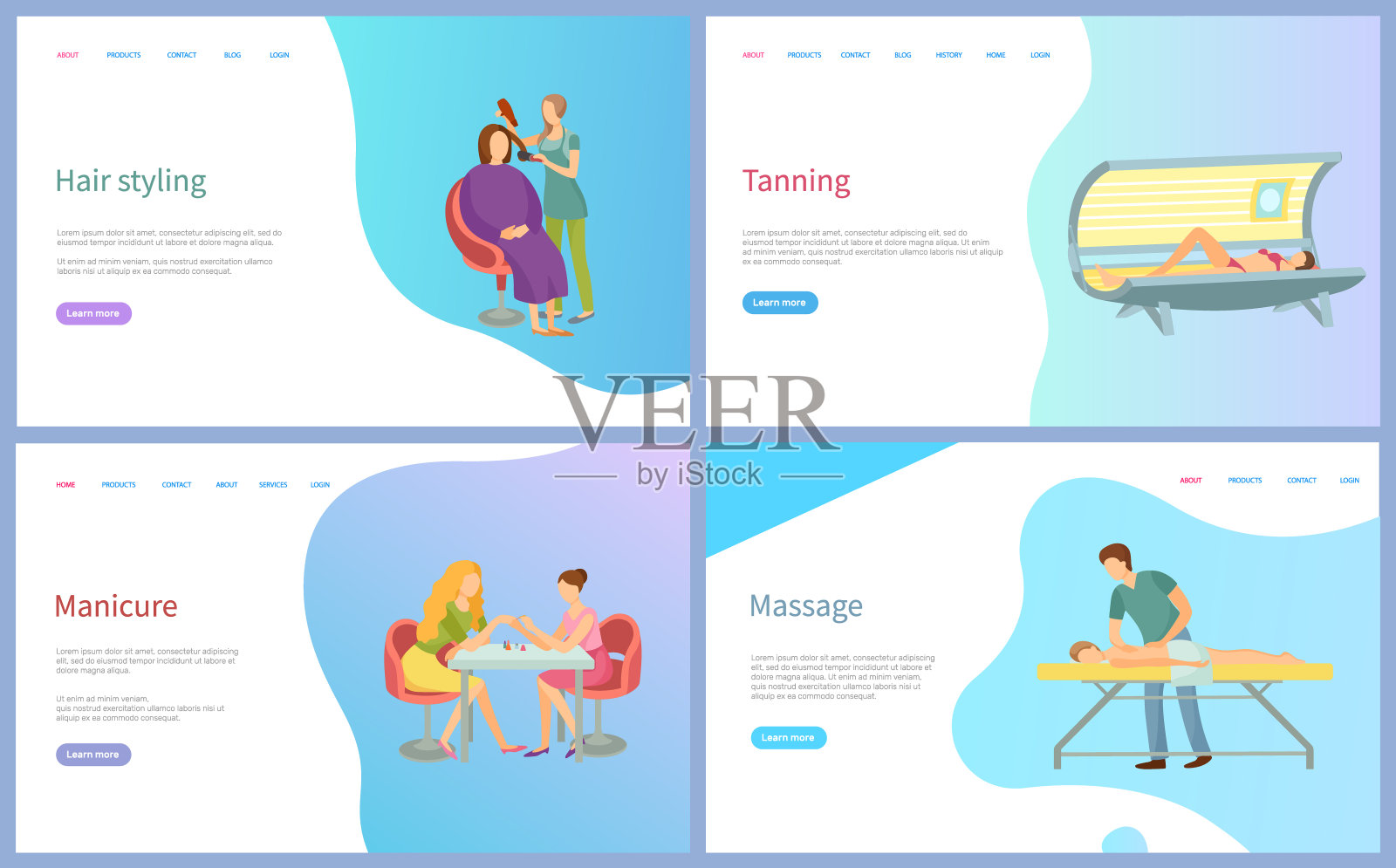 头发造型,美甲和按摩,晒黑向量插画图片素材