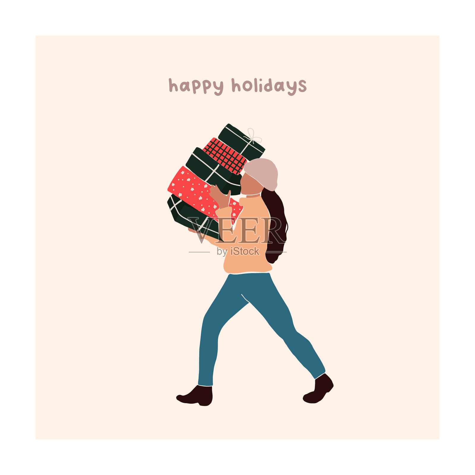 摘要圣诞贺卡与女孩携带礼盒。新潮的新年寒假海报模板插画图片素材