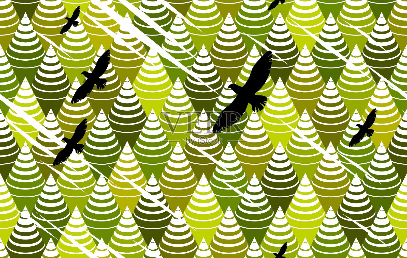 云杉森林和在树上飞翔的鹰插画图片素材