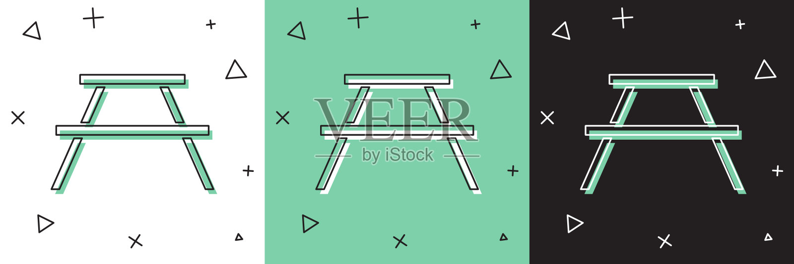 野餐桌与长凳在桌子的两边,图标孤立在白色和绿色,黑色的背景。向量插画图片素材