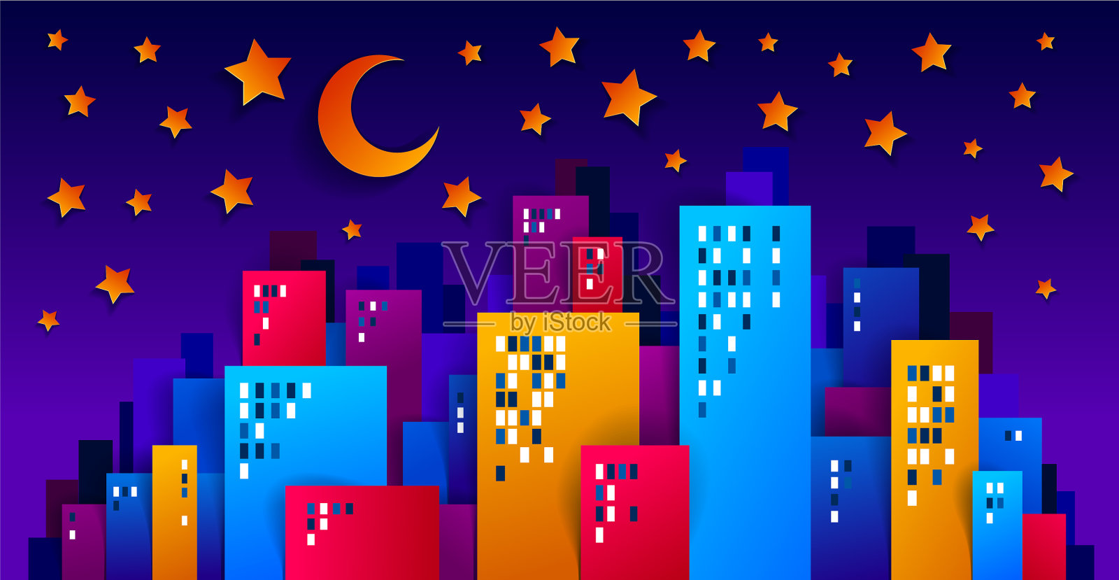 城市的房屋在夜晚与月亮和插画图片素材
