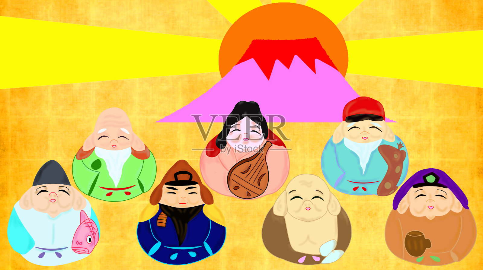 七幸运神承载着幸福插画图片素材