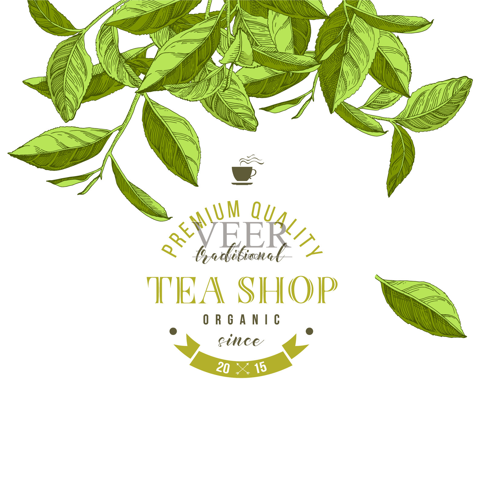带有手绘茶叶的茶店标志插画图片素材