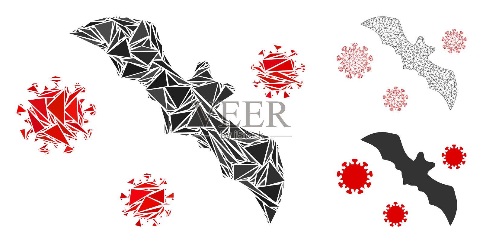 三角形马赛克蝙蝠病毒图标和网格插画图片素材