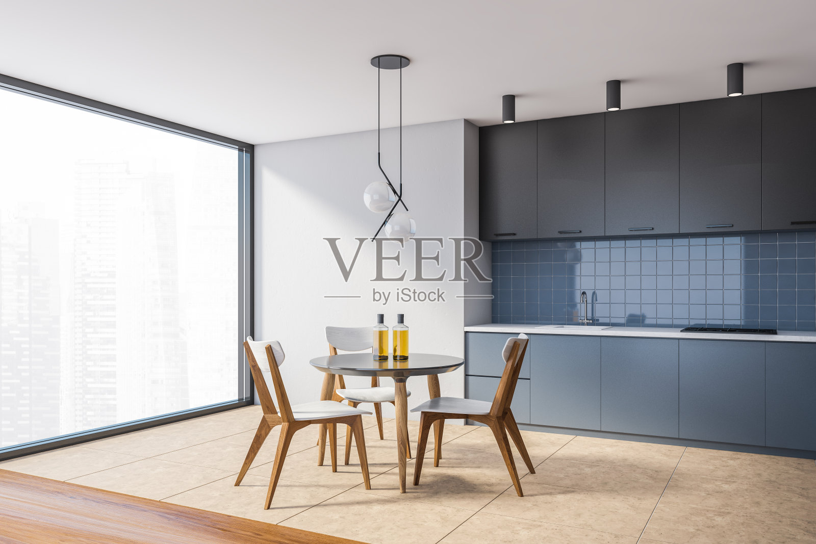 现代全景白色和蓝色厨房角落与餐桌照片摄影图片