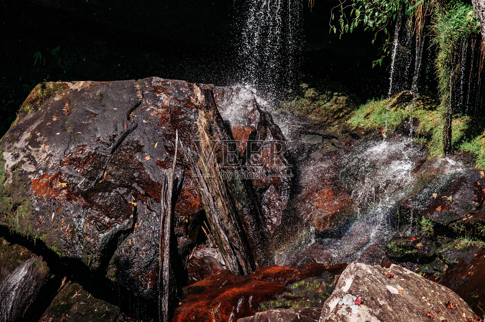 美丽的白色溪流瀑布与热带树木和绿色苔藓覆盖的石头。照片摄影图片