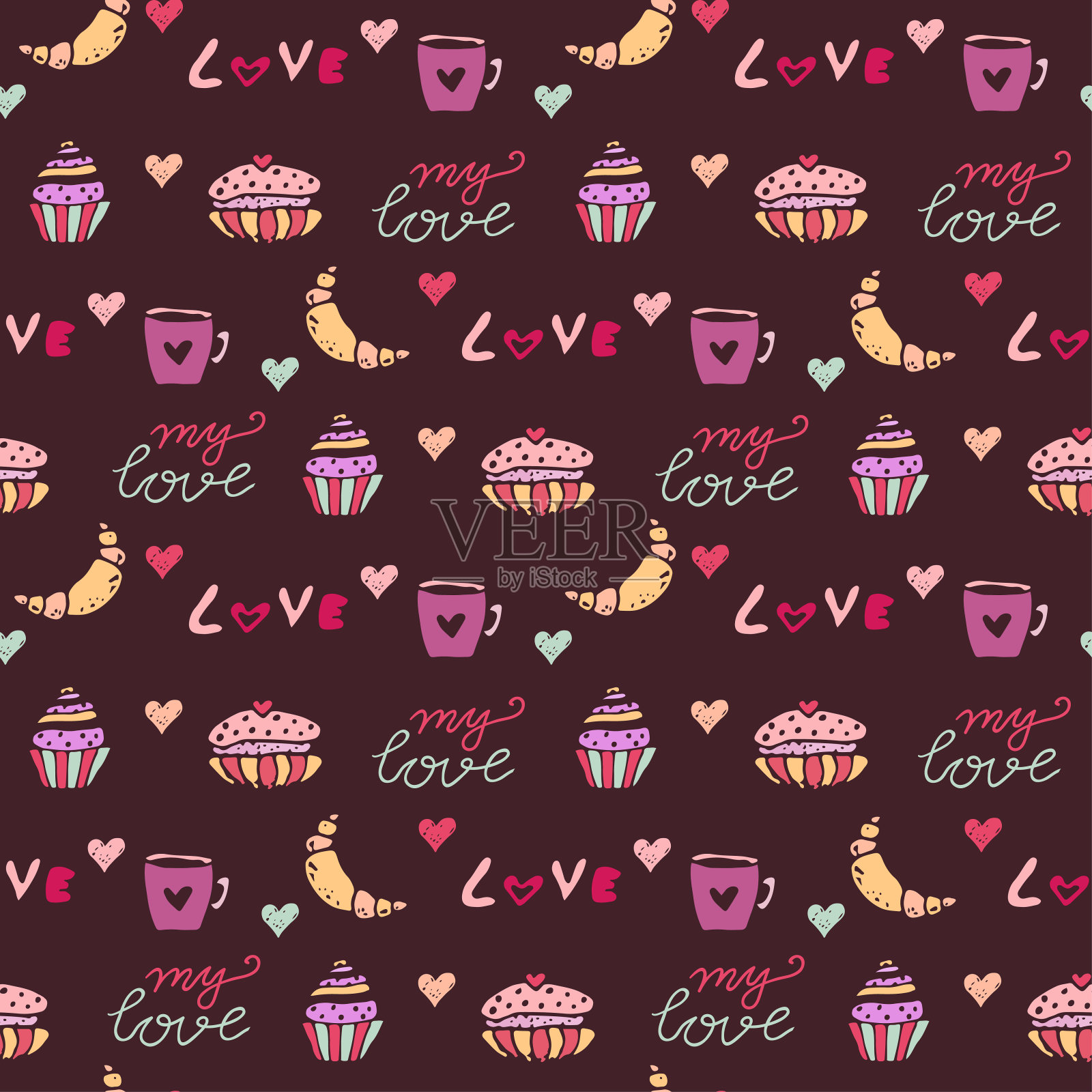 糖果无缝模式。面包包装纸、牛角面包和甜纸杯蛋糕。纺织品印花,生日装饰和婴儿图案设计。插画图片素材