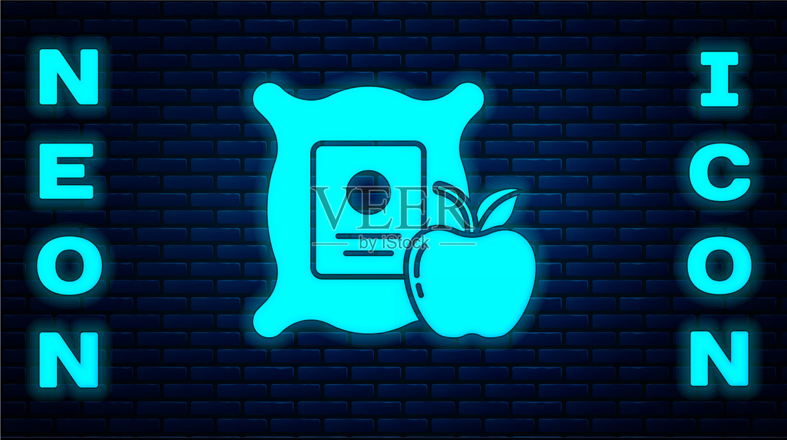 发光的霓虹灯苹果在麻袋图标孤立插画图片素材