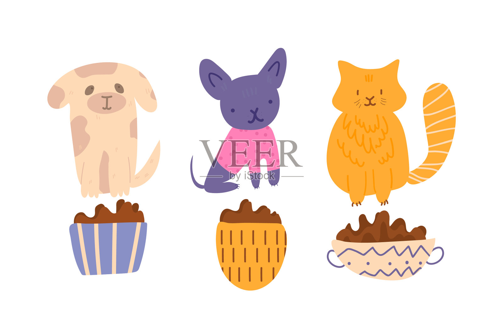 群可爱可爱和饥饿的狗和猫插画图片素材