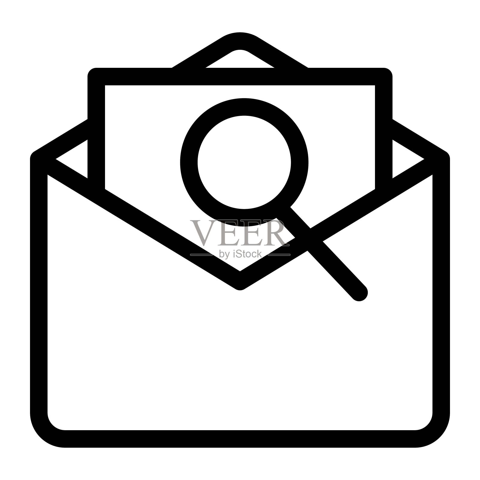 信封邮件与放大镜图标在线风格。搜索电子邮件,找到邮件符号。图标素材