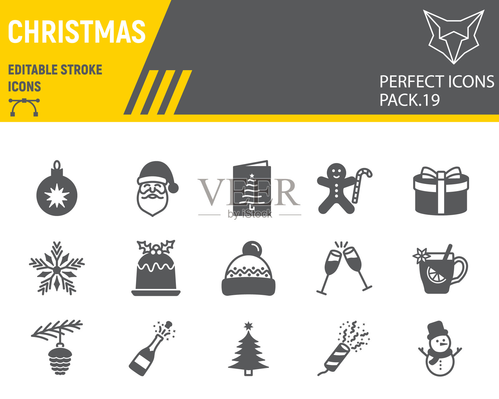 圣诞线条图标集:新年快乐系列矢量图,logo,圣诞节图标,节日线性符号,可编辑笔画插画图片素材