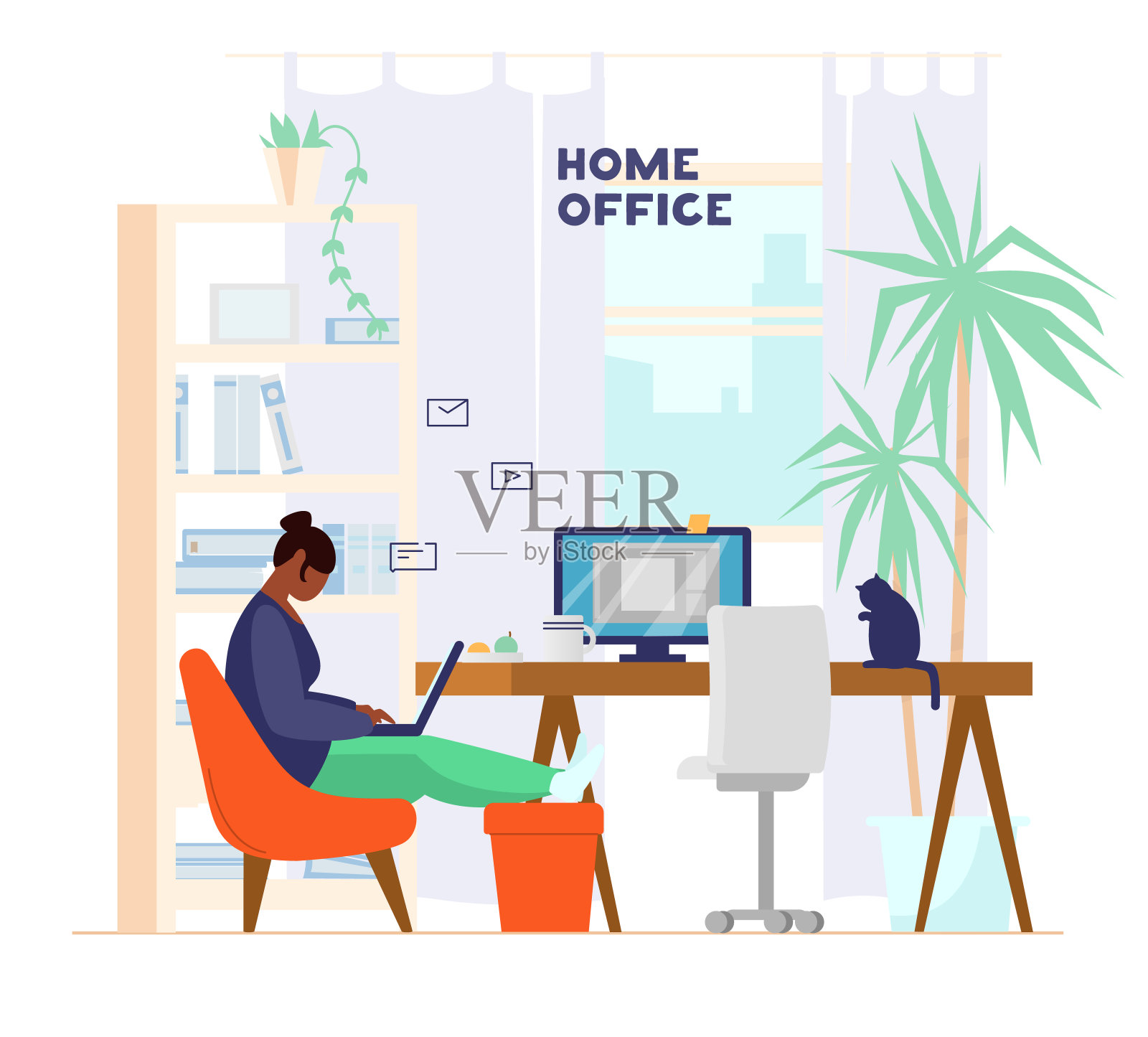 家庭办公室内部。在工作的自由职业者。插画图片素材