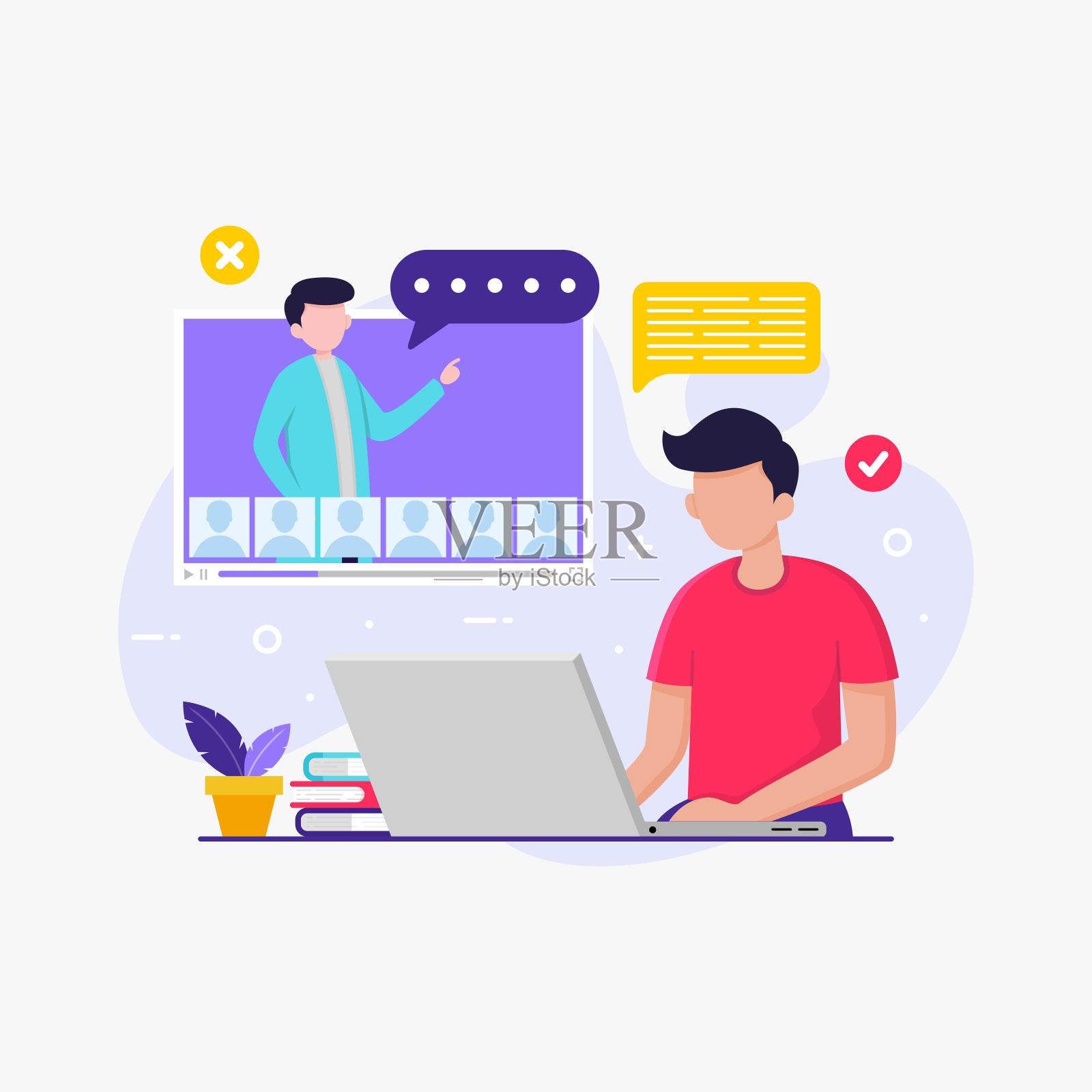 学生使用笔记本电脑进行在线学校教育插画图片素材