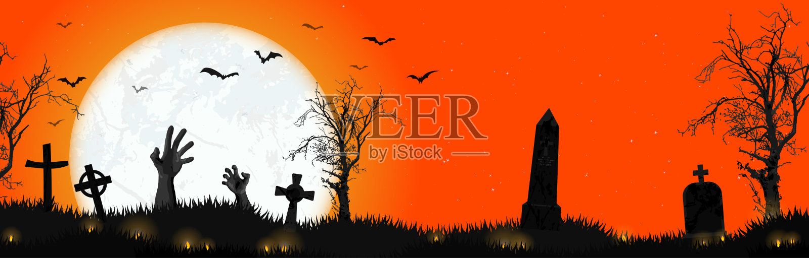 万圣节僵尸手在满月前插画图片素材